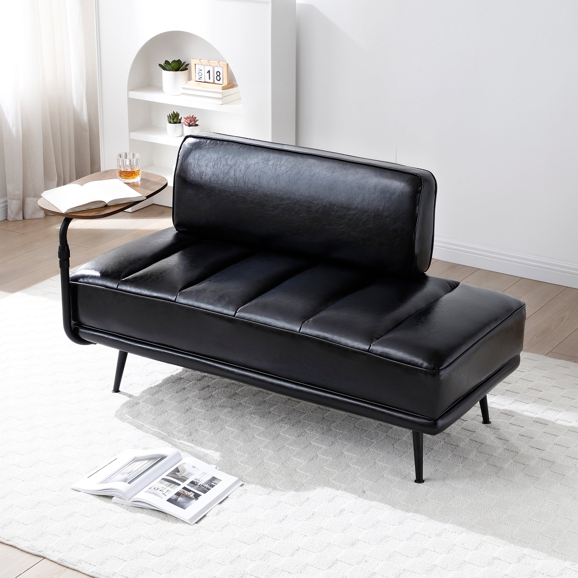 Walker Edison | Entryway Modern Black Faux Leather Sofa Bench with Side Table
