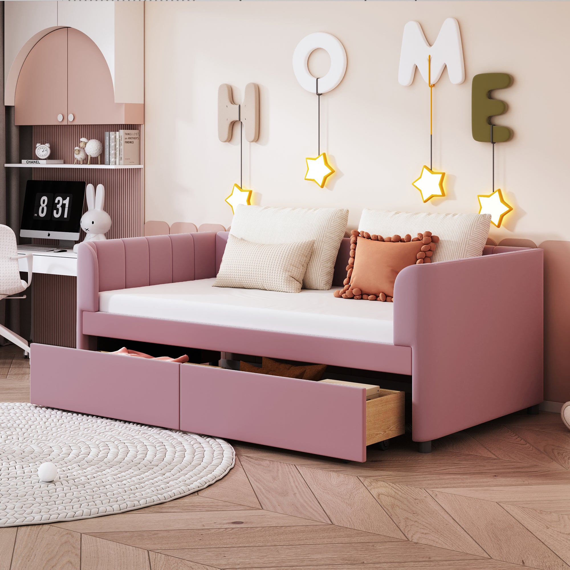 Walker Edison | Twin Size Upholstered Daybed with Ergonomic Design Backrest and Storage