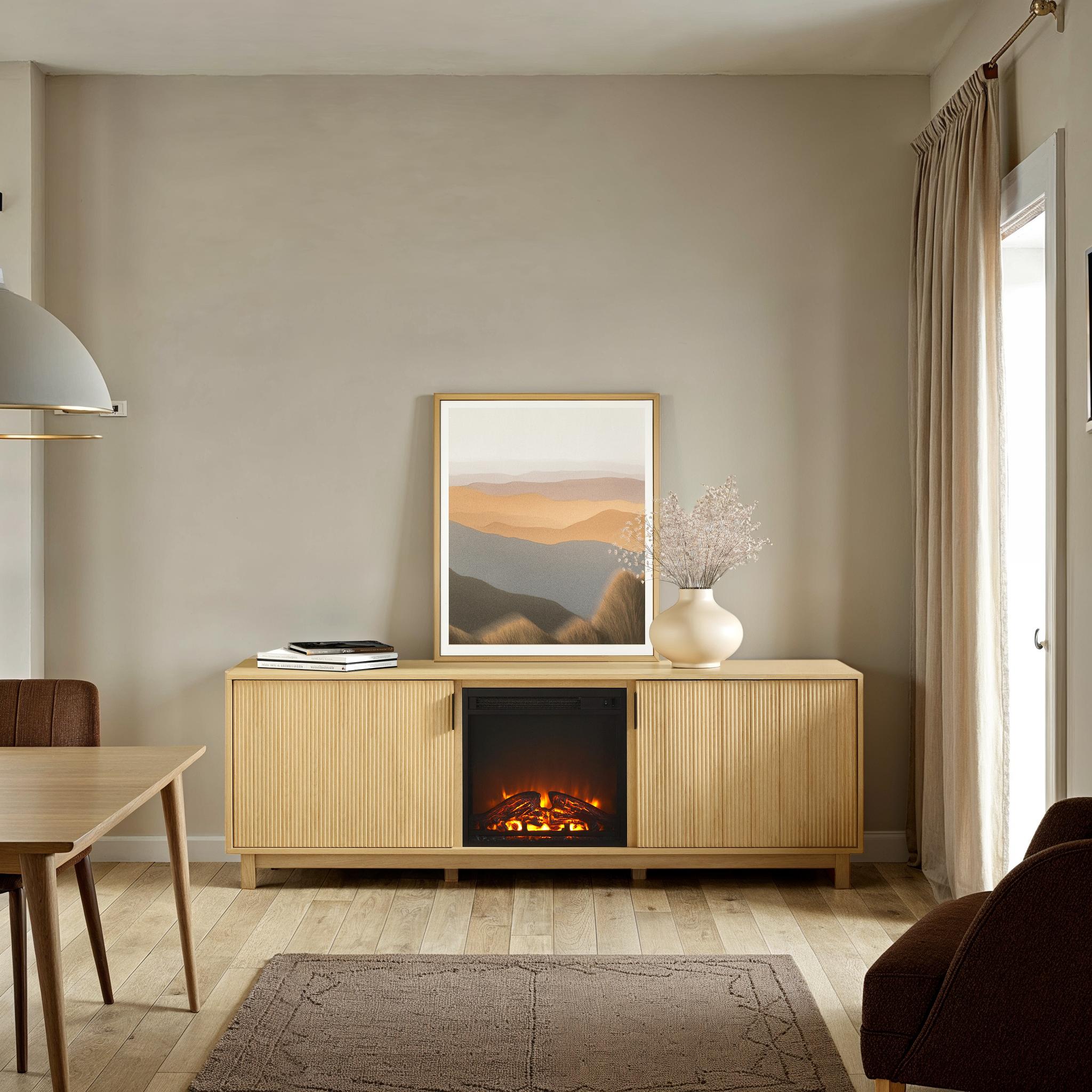 Reema Scandinavian 70" Modern Reeded TV Stand with Freestanding Electric Fireplace